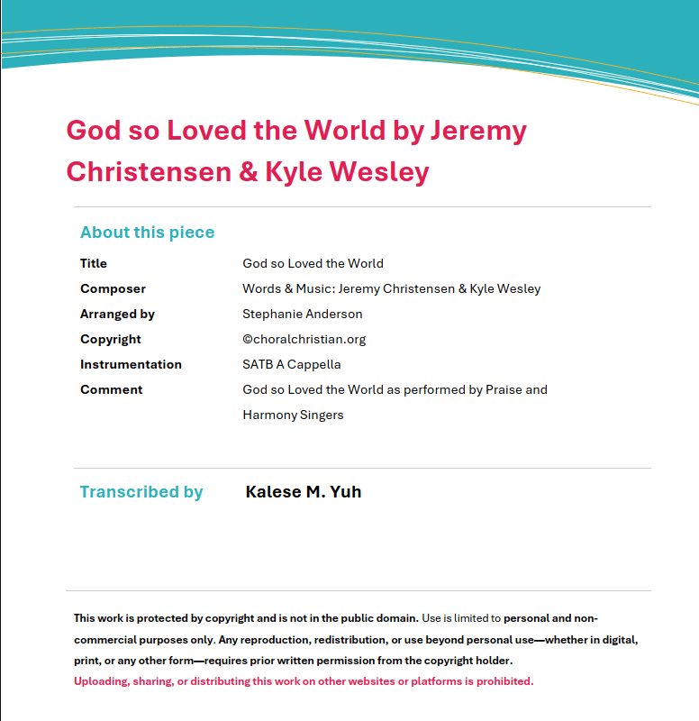 God So Loved The World by Jeremy Christensen and Kyle Wesley Arr. by Stephanie Anderson
