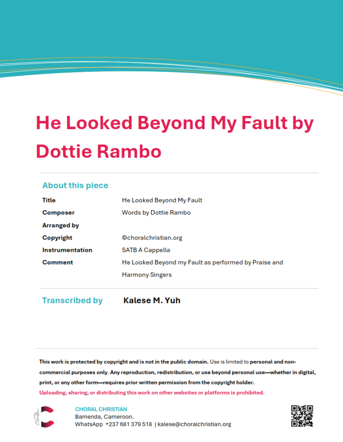 He Looked Beyond My Fault by Dottie Rambo Arr by Tom Fettke