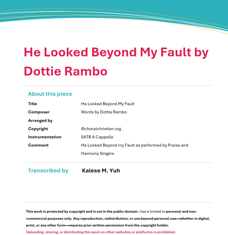 He Looked Beyond My Fault by Dottie Rambo Arr by Tom Fettke
