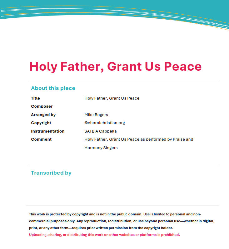 Holy Father Grant Us Peace Arr by Mike Rogers
