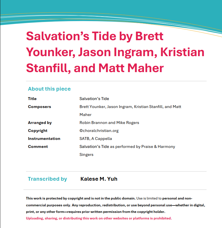 Salvation's Tide by Brett Younker, Jason Ingram, Kristian Stanfill, and Matt Maher Arr. Robin Brannon and Mike Rogers